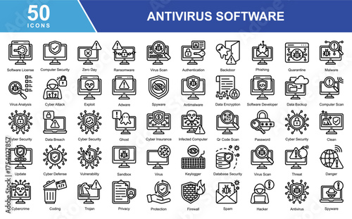 A collection of Antivirus Software-themed icons covering various elements such as Software License, Computer Security, Virus Scan, Firewall, Malware, Ransomware, Phishing, Authentication, Data Encrypt