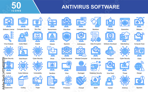 A collection of Antivirus Software-themed icons covering various elements such as Software License, Computer Security, Virus Scan, Firewall, Malware, Ransomware, Phishing, Authentication, Data Encrypt