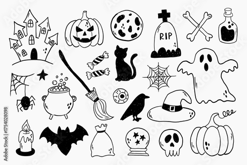 doodle black line hand draw Halloween elements collection