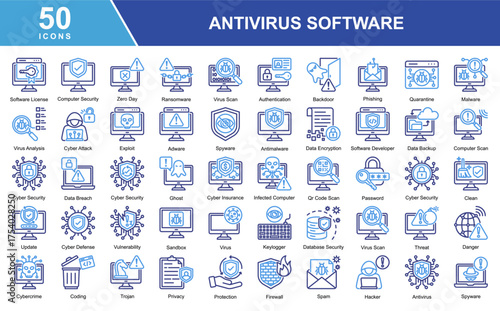 A collection of Antivirus Software-themed icons covering various elements such as Software License, Computer Security, Virus Scan, Firewall, Malware, Ransomware, Phishing, Authentication, Data Encrypt