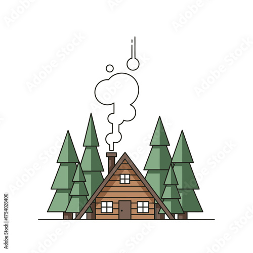 A-frame wooden cabin in a pine forest with smoke coming from the chimney, a minimalist vector illustration.