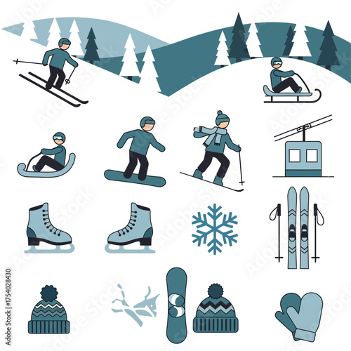 Collection of flat design icons for winter sports and outdoor activities on a snowy mountain background.