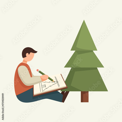 An artist sits on the ground outdoors, sketching a simple evergreen tree in a notepad with a pencil.