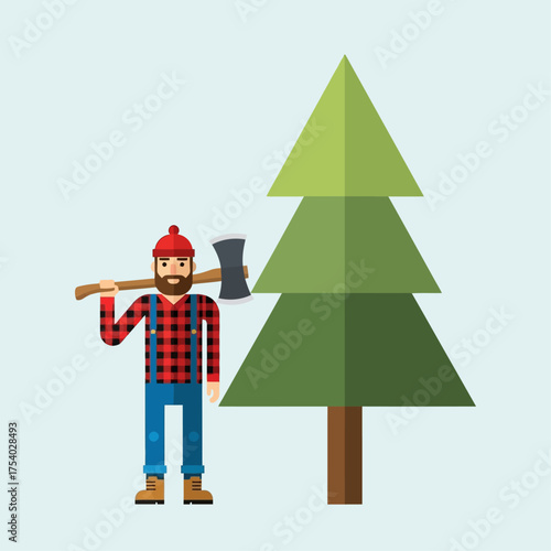 Cartoon illustration of a bearded lumberjack in a plaid shirt holding an axe over his shoulder next to a pine tree.