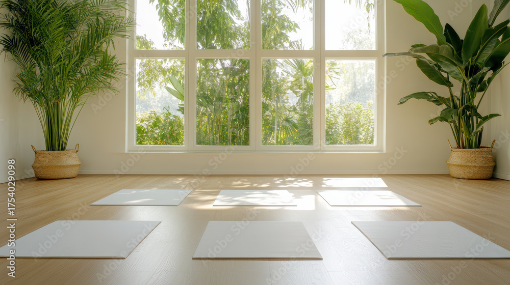 Fototapeta premium Bright yoga studio with natural light and plants, perfect for relaxation and mindfulness