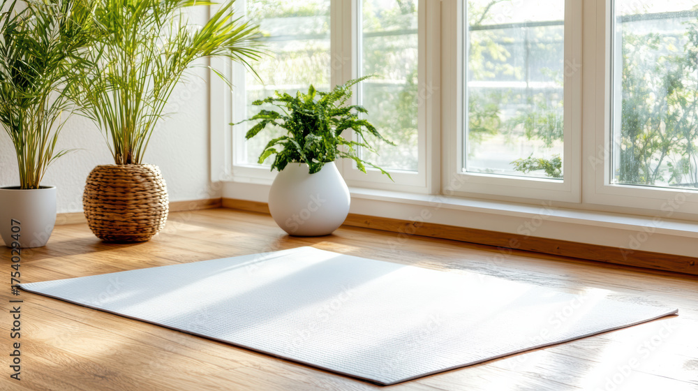Fototapeta premium Serene yoga mat placed on wooden floor, surrounded by lush plants and natural light