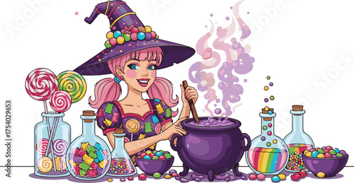 Cute cartoon witch stirring a cauldron of potion surrounded by candy and sweets vector illustration for Halloween or fantasy themes
