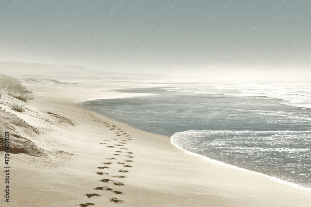 Obraz premium Footprints in the sand on a misty beach with gentle waves and distant hills creating a serene and atmospheric coastal landscape, bathed in soft, diffused light.