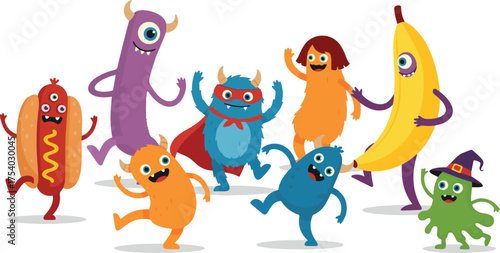 Funny cartoon monsters dancing together cute vector characters for childrens illustration isolated on white background