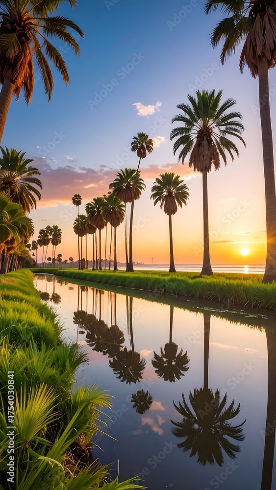 Obraz premium Serene canal lined with palm trees at sunset, capturing golden light