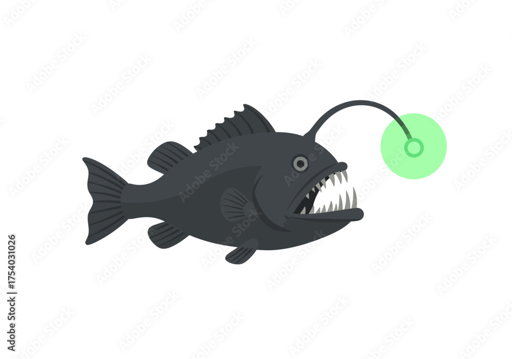 Fototapeta premium Cartoon Anglerfish with Bioluminescent Lure and Sharp Teeth.