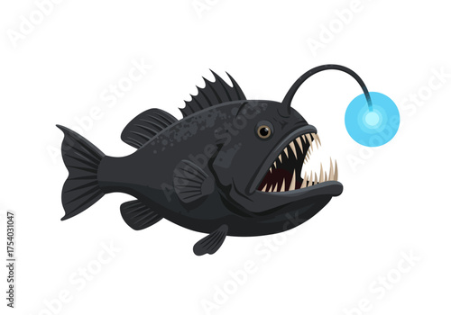 Cartoon Anglerfish with Bioluminescent Lure and Sharp Teeth.