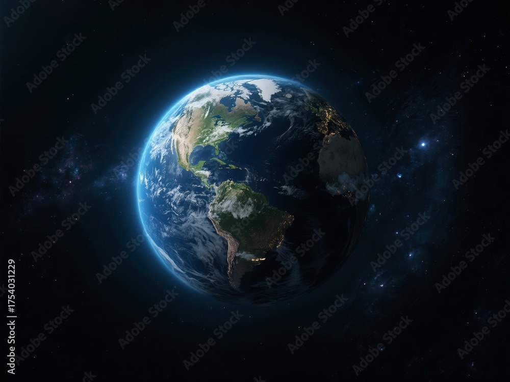 Fototapeta premium Earth viewed from space, showcasing continents, oceans, and atmospheric glow against a starry background