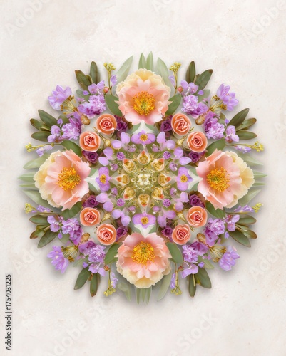 Floral mandala botanical harmony, pastel flower symmetry mandala, natural soft botanical pattern