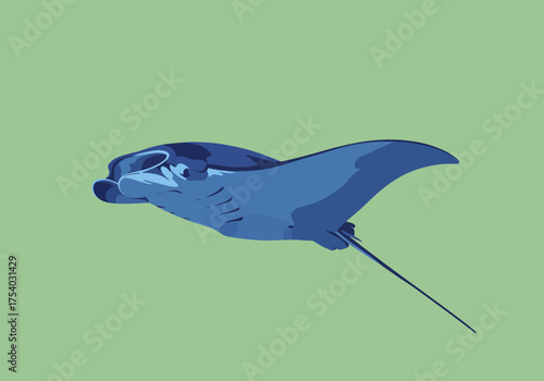 Stylized Blue Manta Ray Illustration on Green Background.