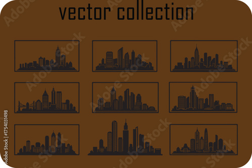 A collection of nine distinct vector silhouette cityscapes presented in a grid format on a textured brown background