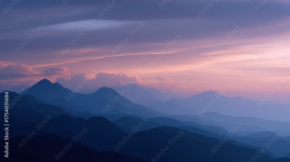 Obraz premium A majestic mountain range with peaks that float like islands in the sky during sunset.