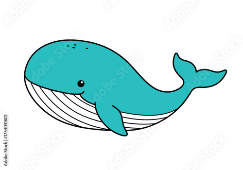 Cartoon Blue Whale with Black Outline and Cute Eye.
