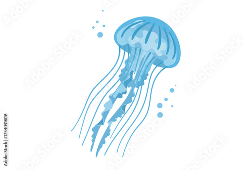 Stylized Blue Jellyfish with Tentacles and Bubbles Illustration.