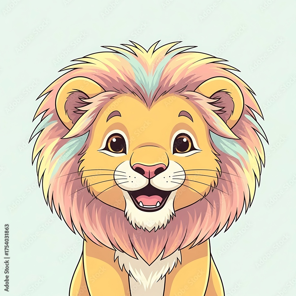 Obraz premium Adorable cartoon lion with colorful mane and happy expression.