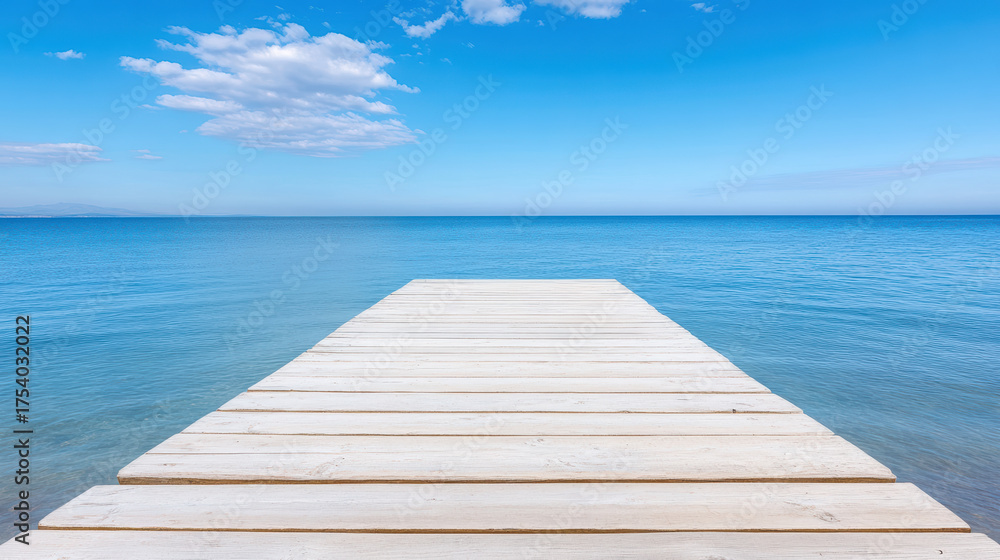 Fototapeta premium Serene wooden pier extends into calm sea under clear blue sky, inviting tranquility