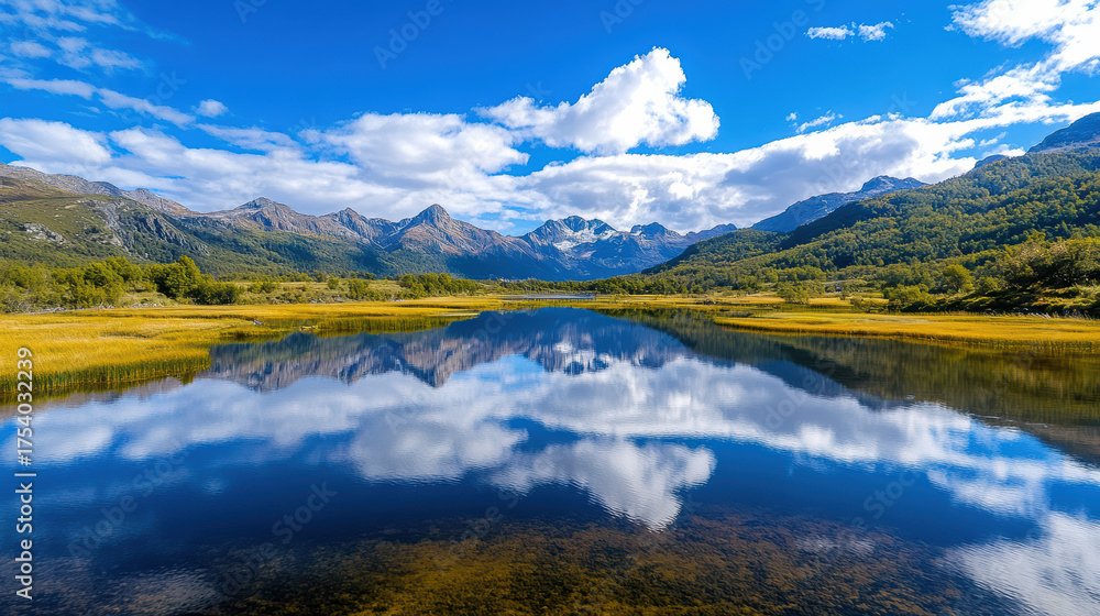 Fototapeta premium Calm lake reflecting mountains and sky creates perfect mirror of nature beauty