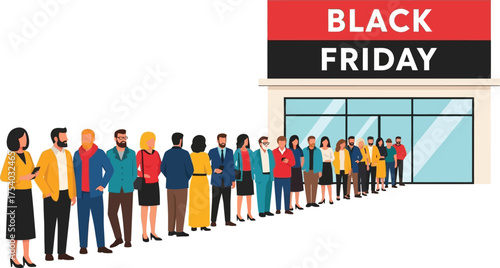 People waiting in line outside a store with a black friday sign above it on transparent background