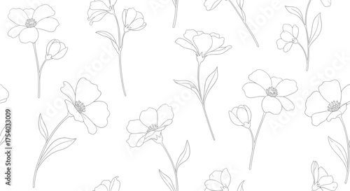 Delicate floral illustration with hand-drawn line art and scattered petals creating a whimsical pattern.