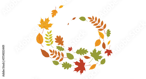 A swirling vortex of colorful autumn leaves in various shapes and sizes creating a natural spiral design.