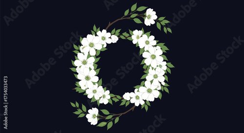 A delicate wreath of white dogwood blossoms and green leaves is artfully arranged in a circular pattern against a deep navy blue background.