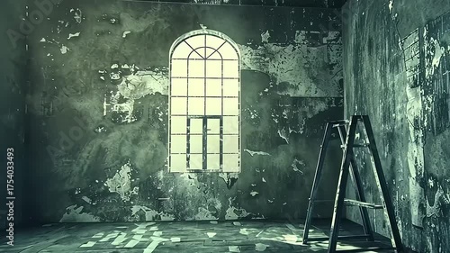 Captivating abandoned room interior with decayed walls, ladder and arch windows, creating a