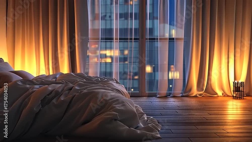Luxurious Bedroom Interior with City View at Night - Serene and Modern Design
