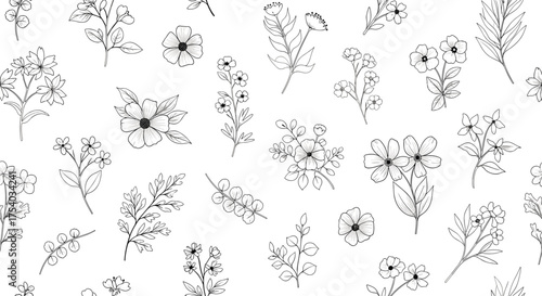 A delicate black and white botanical pattern featuring scattered wildflowers and leaves for a minimalist design aesthetic.