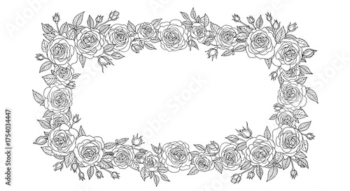 A decorative floral border frames an empty oval space in this black and white illustration.