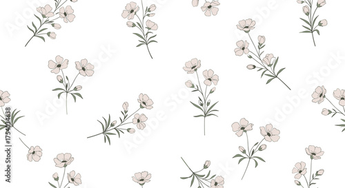A delicate pattern of small white flowers scattered across a clean white background.