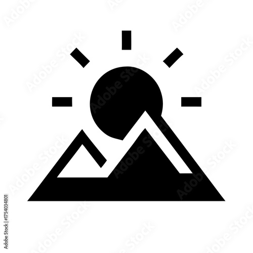 Illustration of a mountain landscape with a rising sun, ideal for travel, nature, adventure, and outdoorthemed designs