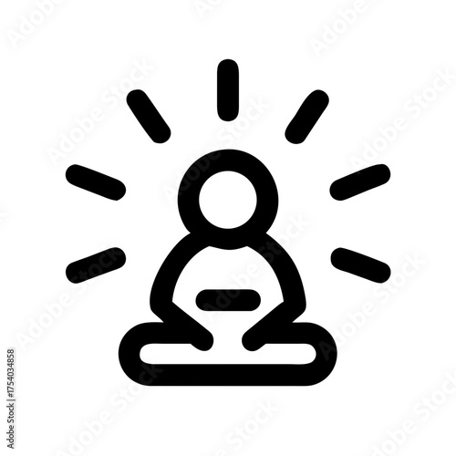 Illustration of a person meditating with radiating lines, represents mindfulness, enlightenment, and inner peace
