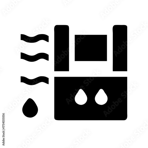 Illustration of a water purifier with droplets, symbolizes clean water, filtration, and environmental awareness in a simple design