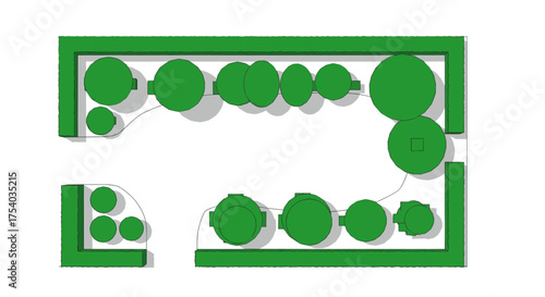 Top-down view of a rectangular garden layout with circular planting beds and pathways, showcasing a green, organic design.