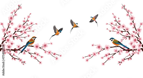 A flock of colorful birds take flight among the blooming cherry blossom trees in this vibrant springtime scene.