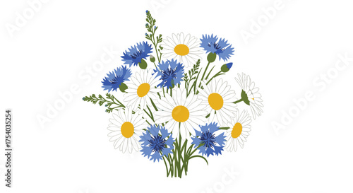 A lovely bouquet of wild daisies and cornflowers with delicate greenery.