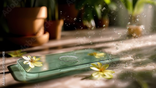 A sleek smartphone with floral elements and water droplets, showcasing innovation in a natural setting.
