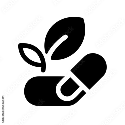 Vector art of herbal medicine icon depicting a leaf sprouting from a capsule, representing natural healing and wellness