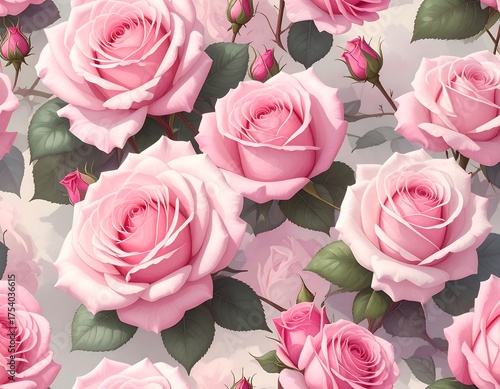 Seamless pattern of delicate pink roses with green foliage