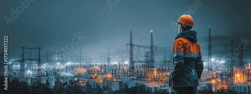 Electrical Engineer Observing Power Station at Dusk with Dramatic Sky and Industrial Environment. Banner, copy space