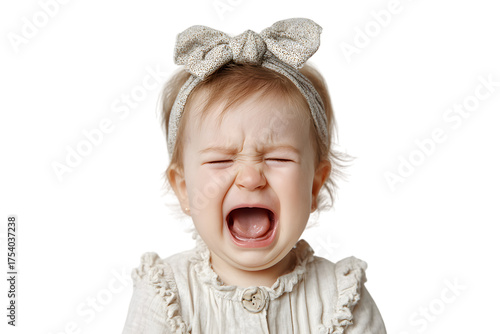 Crying baby girl with beige headband.