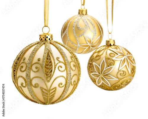 Elegant Gold Christmas Ornaments Hanging on White