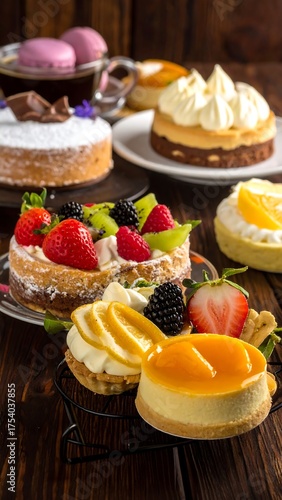 Assortment of delicious pastries on a wooden surface