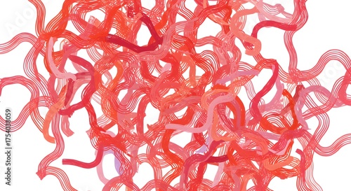 Abstract artwork with layered, wavy lines in varying shades of red, coral, and peach against white