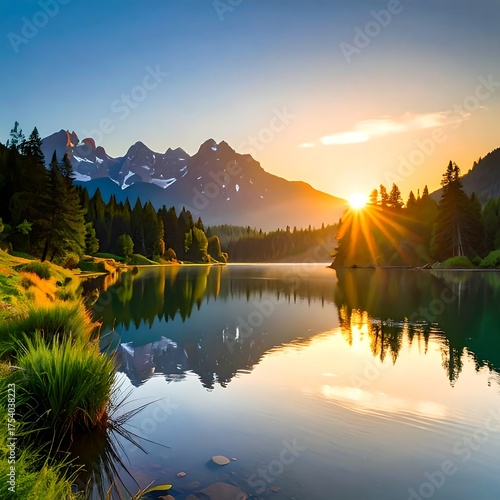 Serene mountain lake at sunrise, reflected in calm water